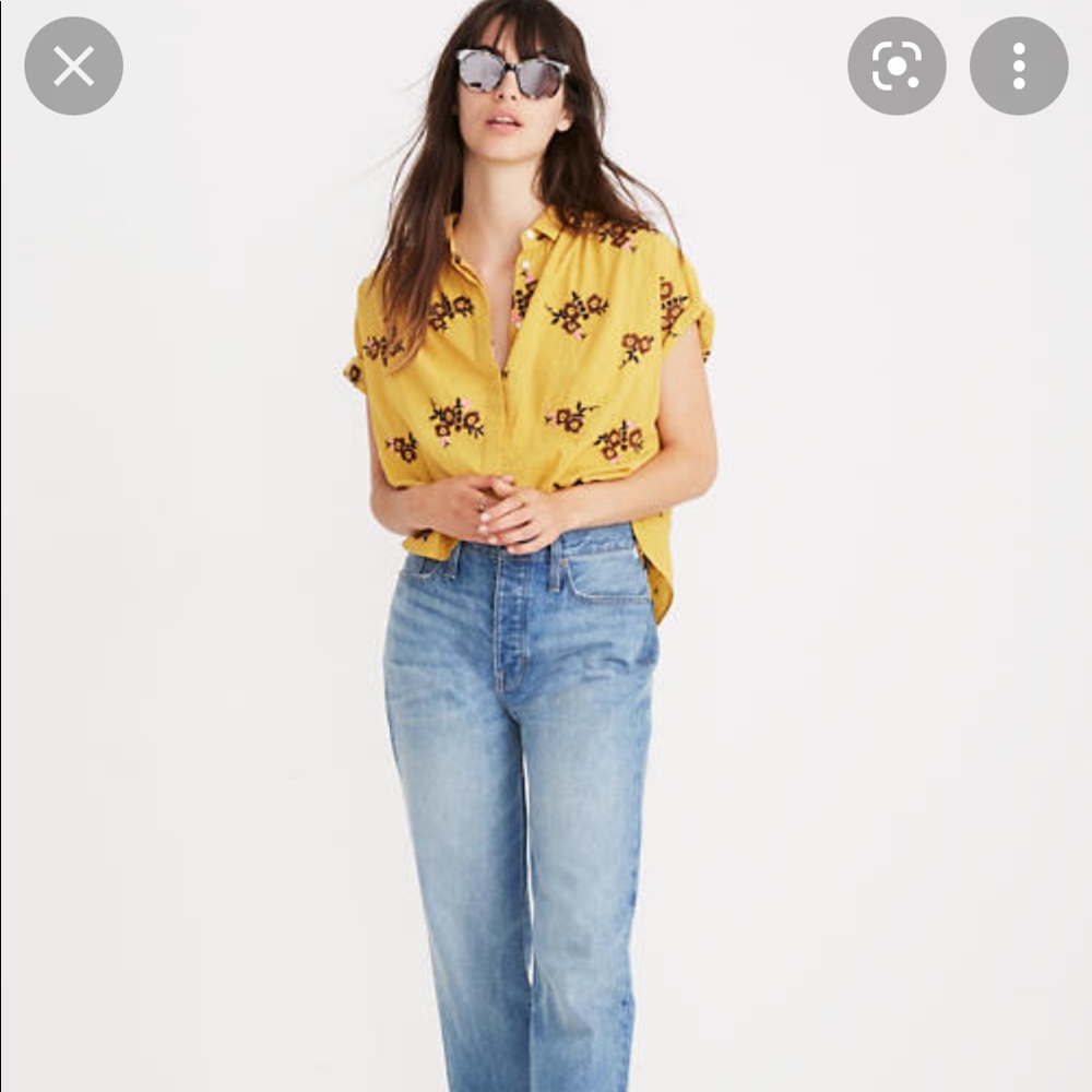 Madewell cropped yellow embroidered button up shirt